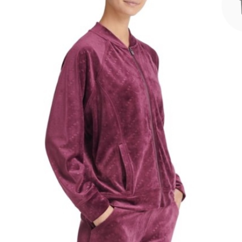 NEW DKNY Sport Velour Logo Print Zip Front Athletic Jacket, Size Large, Purple